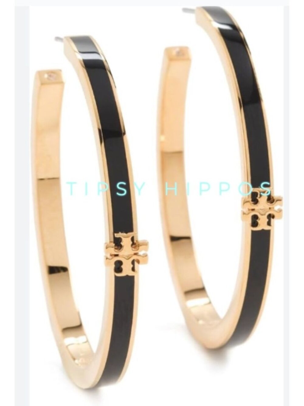 TORY BURCH BLACK AND GOLD KIRA ENAMEL HOP EARRINGS ✺✺